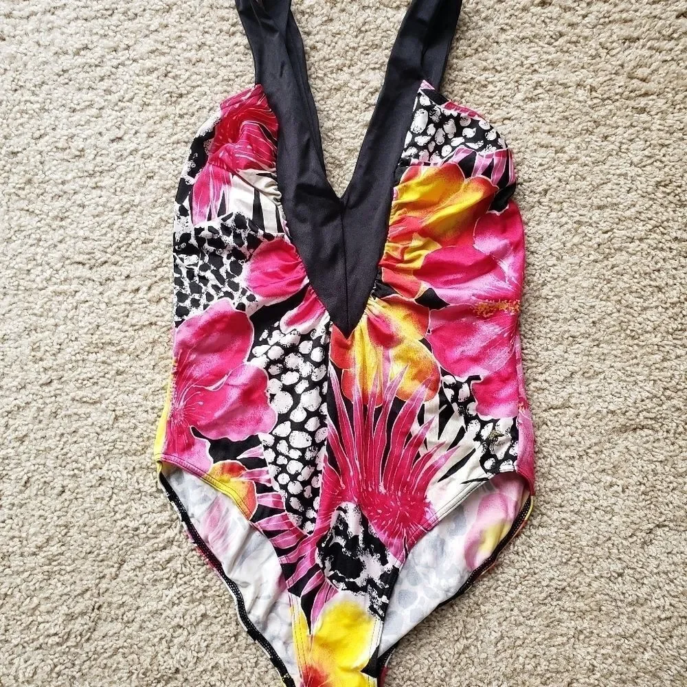Vintage Tropical Plunging Neckline Pink Swimsuit Medium Like New